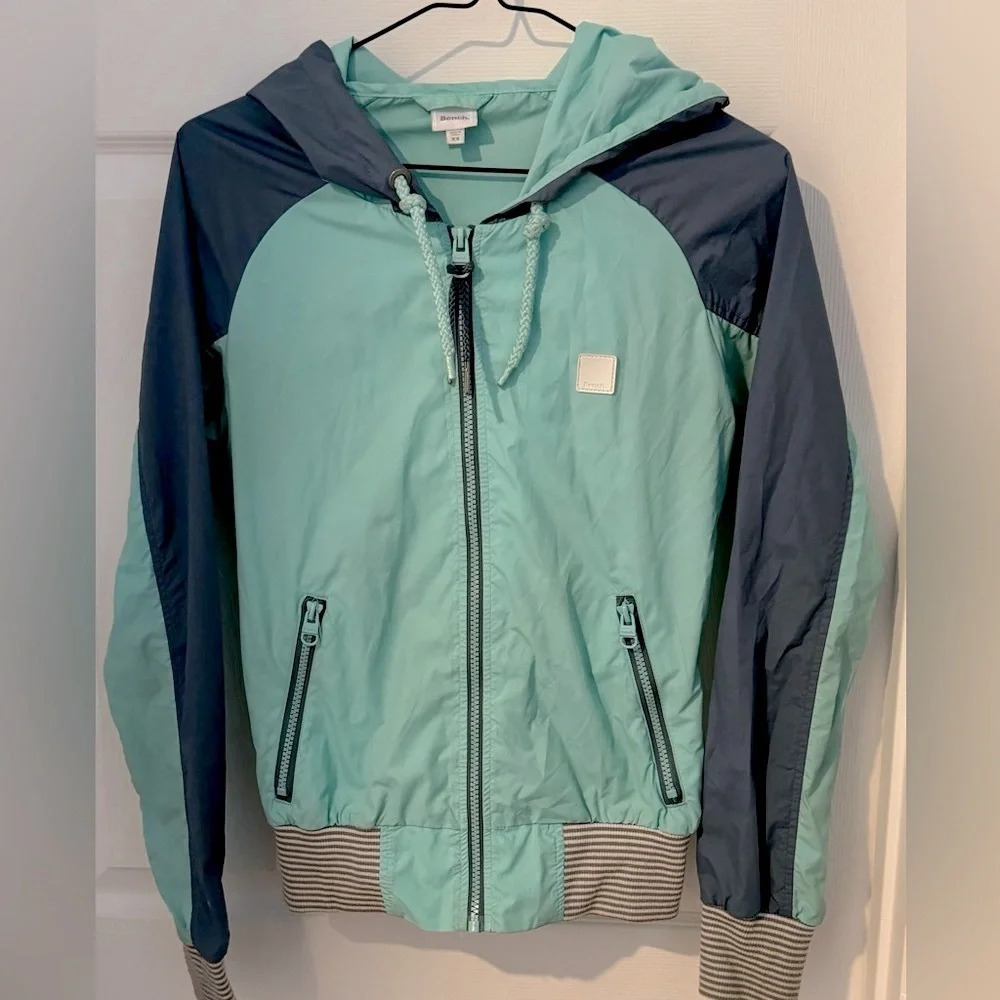 Bench Windbreaker blue deep mint Water resistant Jacket hooded lined retro XS